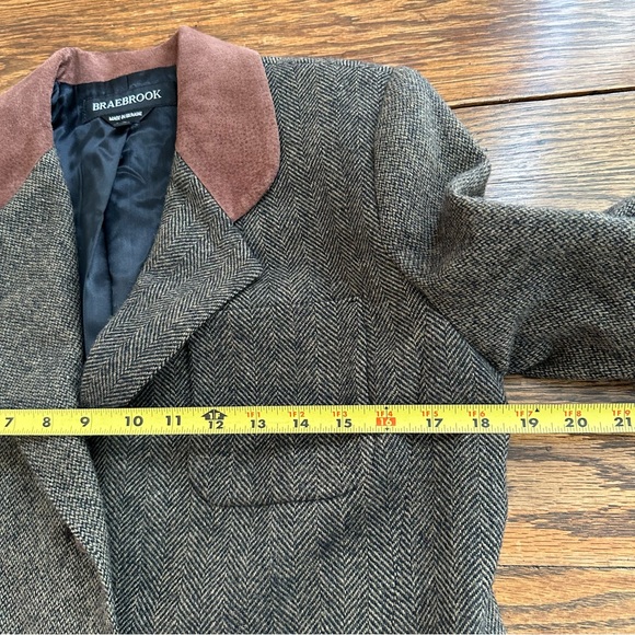 90's vintage Wool Blazer Tweed Brown Leather Trim Riding Jacket Women’s M/L - Picture 10 of 12